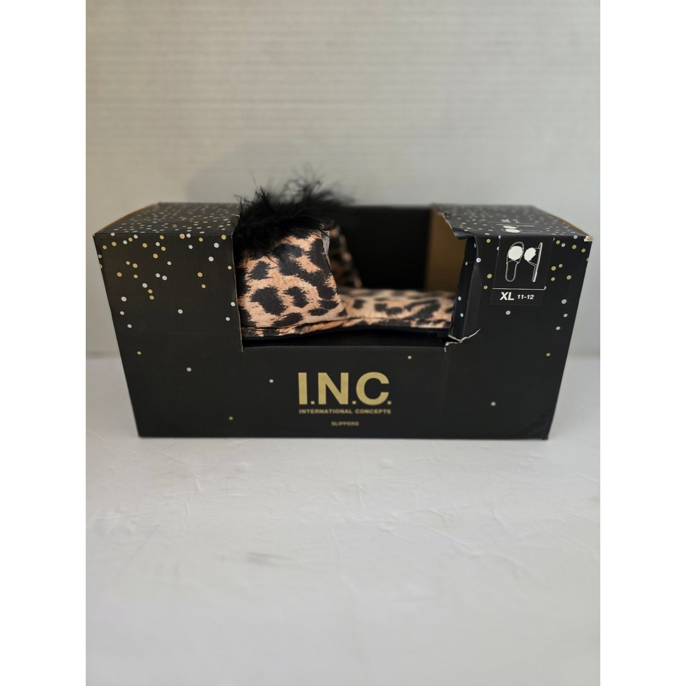 INC International Concepts Cheetah Faux Fur Pom Pom Slide Slippers 11-12 XL NWT